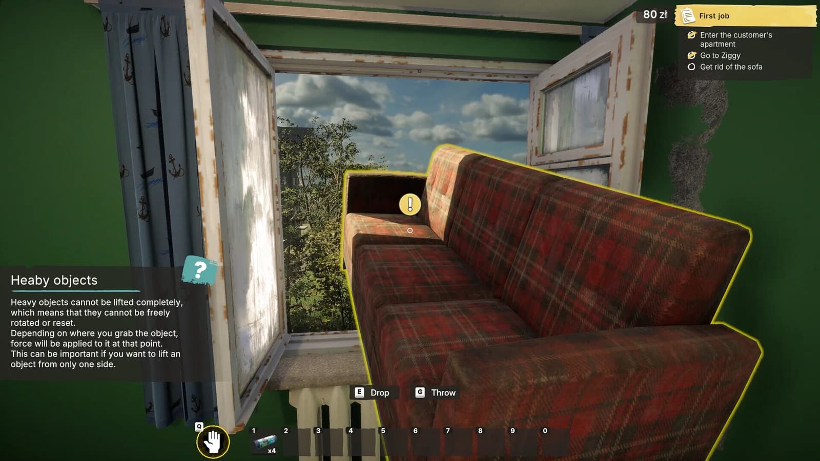 First-person view moving a heavy sofa through an open window with drop and throw controls visible.