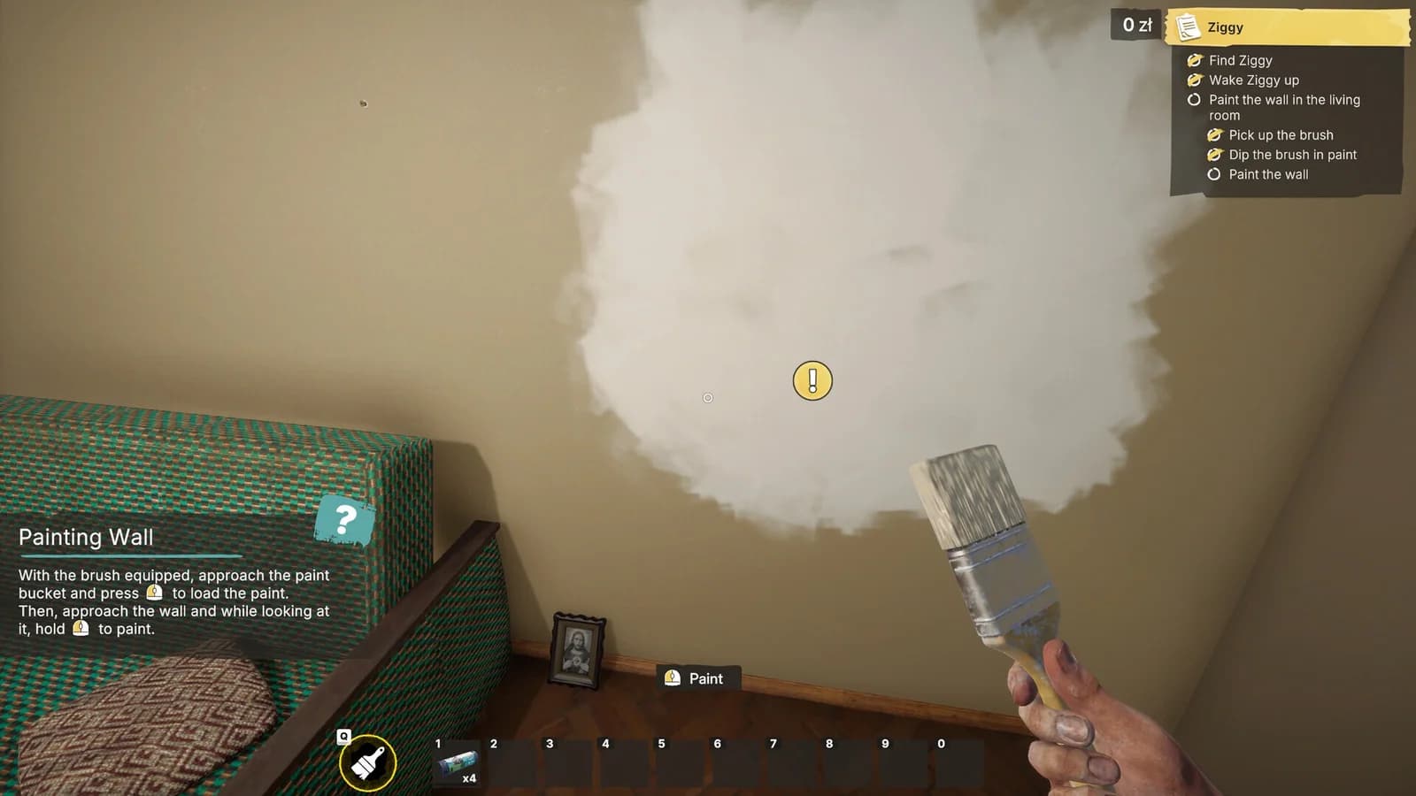 First-person view of a brush painting a wall while an official tutorial panel explains the basic interaction.