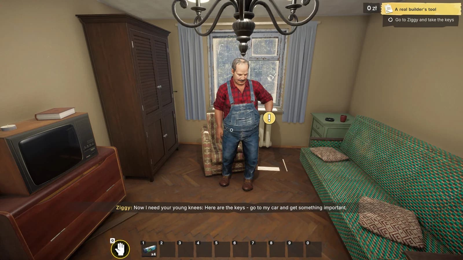 Ziggy stands in a dated living room while a Demo objective asks the player to take the keys.