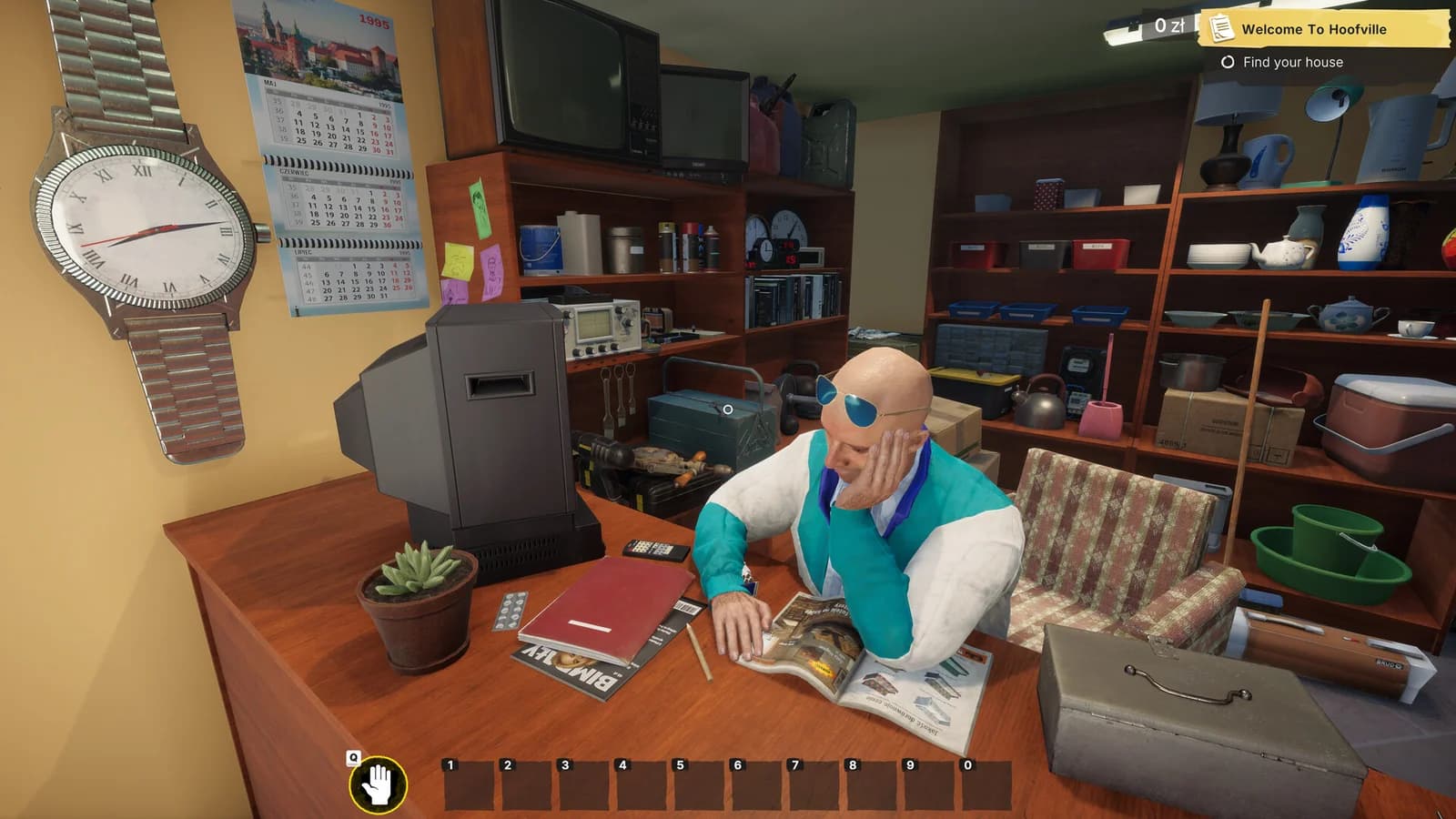 An NPC sits behind a cluttered counter with toolboxes, buckets, and household supplies on shelves.
