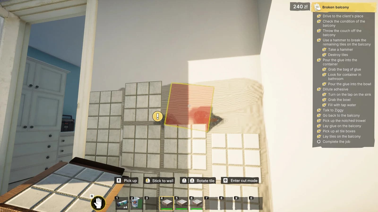 First-person view positioning a mosaic tile sheet on a wall with placement and rotation controls visible.